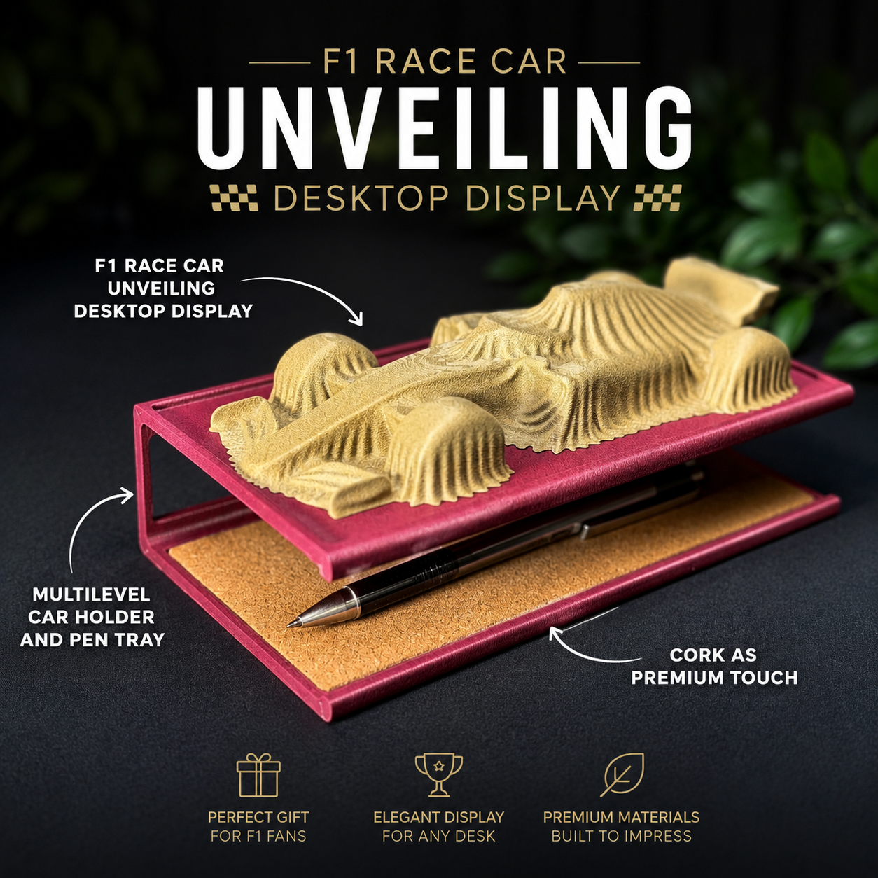 F1 Race Car Unveiling Desktop Display & Organizer | 3D Printed Carbon Fiber