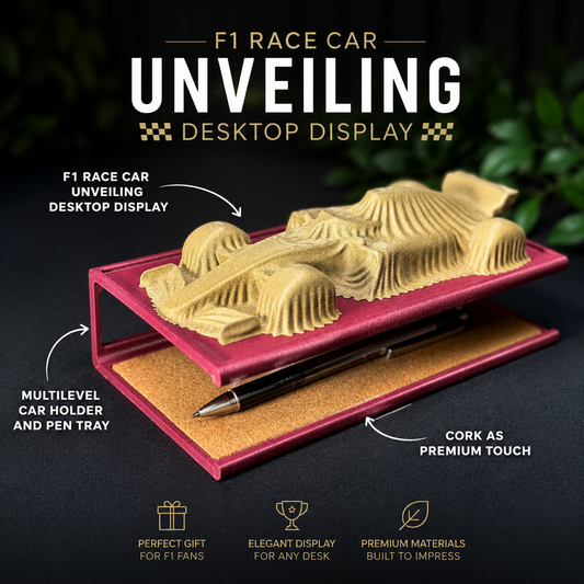 F1 Race Car Unveiling Desktop Display & Organizer | 3D Printed Carbon Fiber
