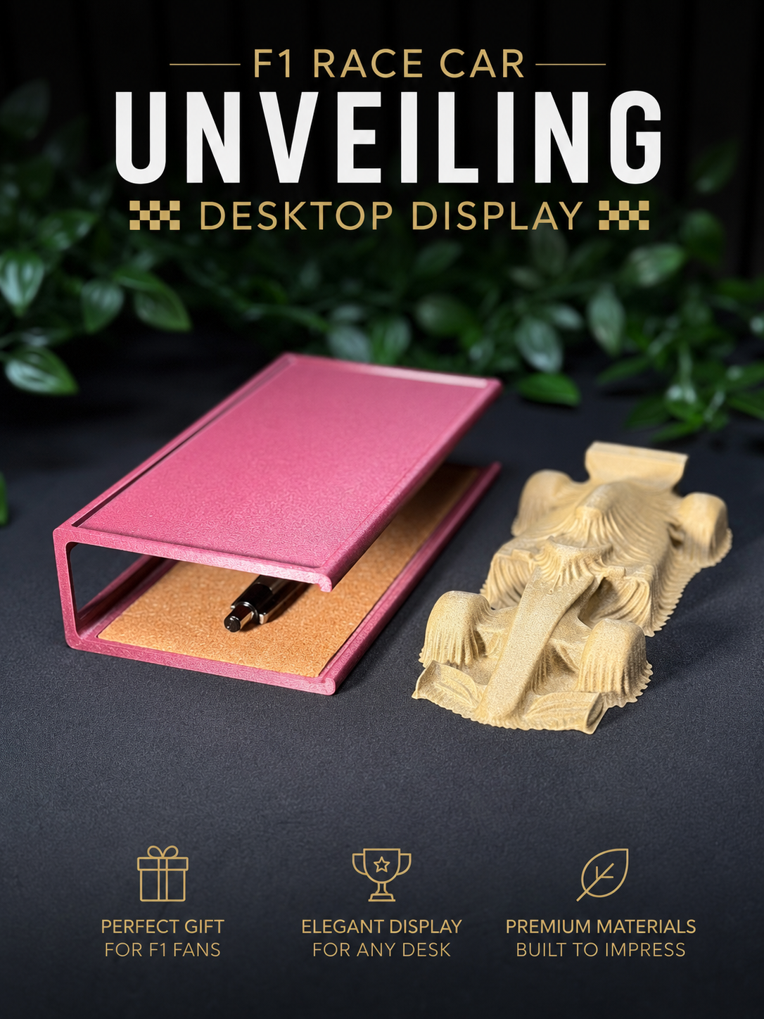 F1 Race Car Unveiling Desktop Display & Organizer | 3D Printed Carbon Fiber