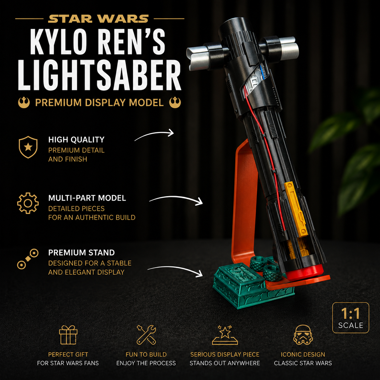 Kylo Ren Lightsaber 3D Printed Display Model with Stand – Star Wars Collectible